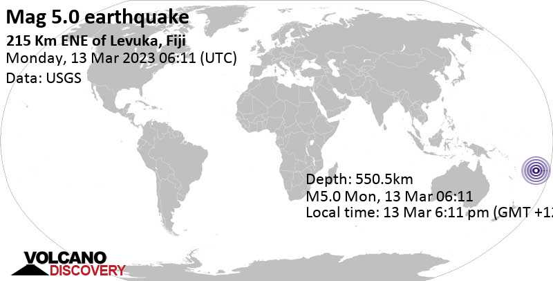 5.0 quake South Pacific Ocean, Fiji, Mar 13, 2023 6:11 pm (GMT +12)