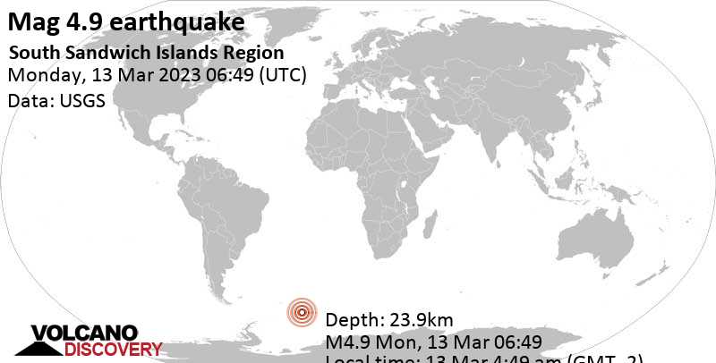 Stärke 4.9 - South Atlantic Ocean, Südgeorgien und die Südlichen Sandwichinseln, am Montag, 13. Mär 2023 um 04:49 Lokalzeit