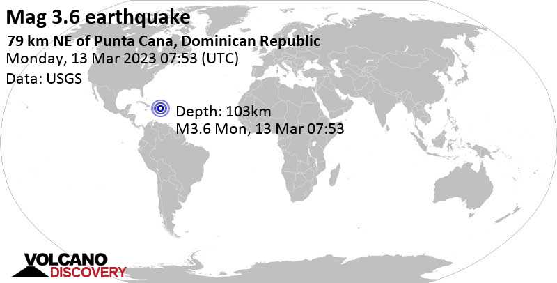 3.7 quake North Atlantic Ocean, 79 km northeast of Punta Cana, Dominican Republic, Mar 13, 2023 3:53 am (GMT -4)
