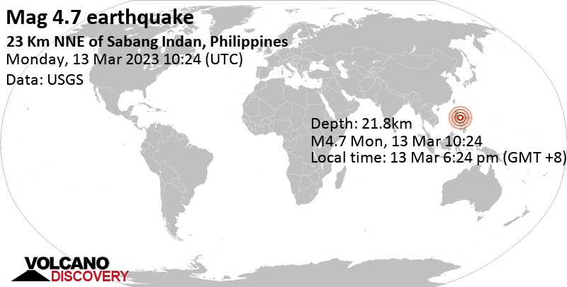 Stärke 4.7 - Philippine Sea, 33 km nördlich von Daet, Philippinen, am Montag, 13. Mär 2023 um 18:24 Lokalzeit