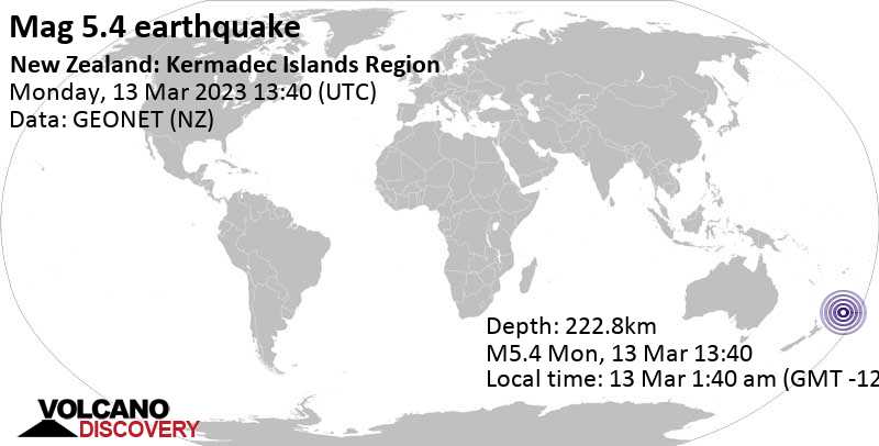 Stärke 5.4 - South Pacific Ocean, Neuseeland, am Dienstag, 14. Mär 2023 um 02:40 Lokalzeit