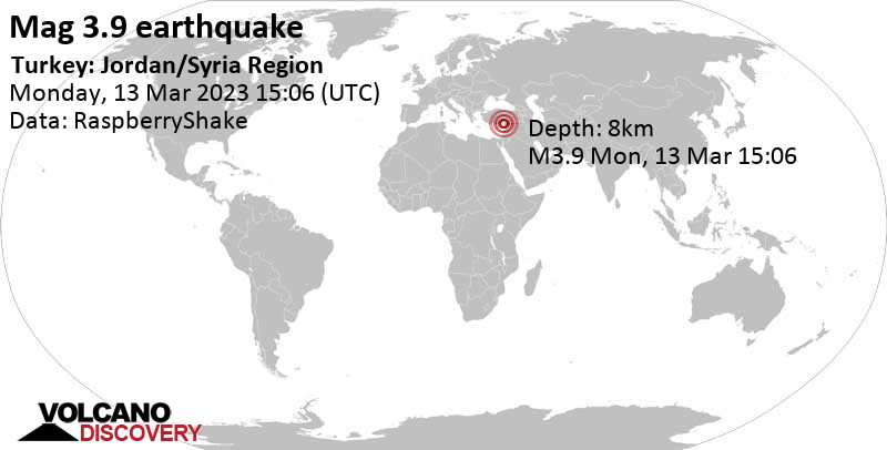 3.9 quake 27 km north of Antioch, Antakya İlçesi, Hatay, Turkey, Mar 13, 2023 6:06 pm (GMT +3)