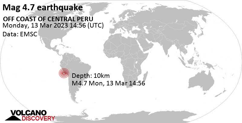 4.7 quake South Pacific Ocean, 78 km west of Minas de Marcona, Peru, Mar 13, 2023 9:56 am (GMT -5)