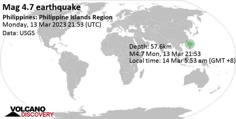 4.7 quake South China Sea, 54 km northwest of Basco, Philippines, Mar 14, 2023 5:53 am (GMT +8)