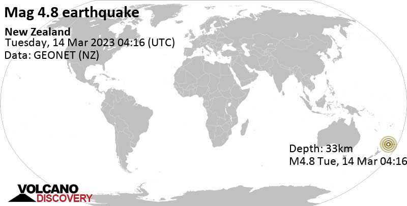 Stärke 4.8 - South Pacific Ocean, Neuseeland, am Dienstag, 14. Mär 2023 um 17:16 Lokalzeit