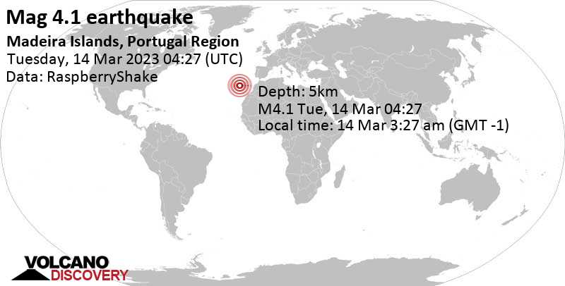 4.1 quake North Atlantic Ocean, 192 km west of Funchal, Madeira, Portugal, Mar 14, 2023 3:27 am (GMT -1)