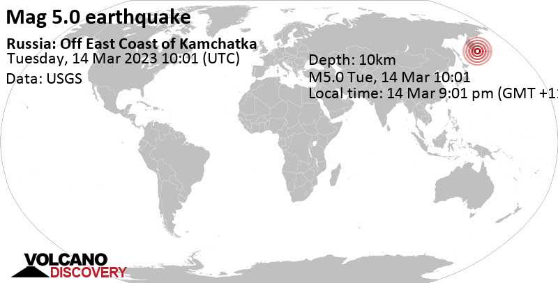 5.0 quake North Pacific Ocean, 159 km southeast of Kamchatkataagy Petropavlovskaj, Russia, Mar 14, 2023 9:01 pm (GMT +11)