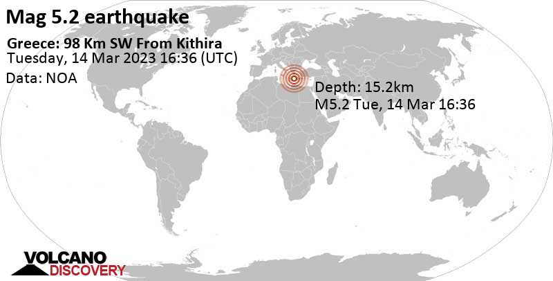 5.2 quake Eastern Mediterranean, 160 km south of Kalamata, Messenia, Peloponnese, Greece, Mar 14, 2023 5:36 pm (GMT +1)