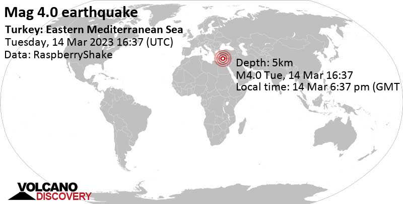 4.0 quake Eastern Mediterranean, 194 km south of Beykonak, Antalya, Turkey, Mar 14, 2023 6:37 pm (GMT +2)