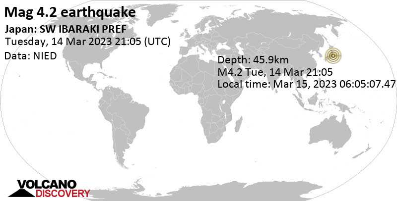 4.2 quake Ibaraki, 48 km northeast of Tokyo, Japan, Mar 15, 2023 6:05 am (GMT +9)