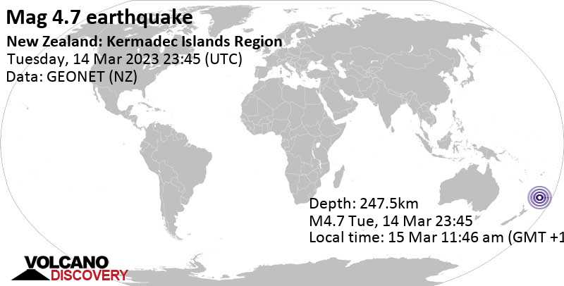 Stärke 4.7 - South Pacific Ocean, Neuseeland, am Mittwoch, 15. Mär 2023 um 11:45 Lokalzeit