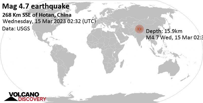 4.7 quake 269 km southeast of Chotan, Hotan Diqu, Xinjiang, China, Mar 15, 2023 10:32 am (GMT +8)