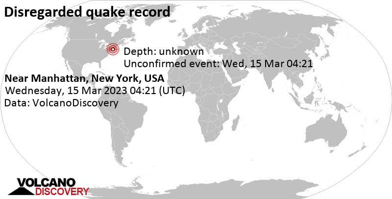 Неизвестное событие (первоначально сообщалось как землетрясение): 57 km к востоку от Manhattan, New York County, Нью-Йорк, Соединенные Штаты, Среда, 15 мар 2023 00:21 (GMT -4)