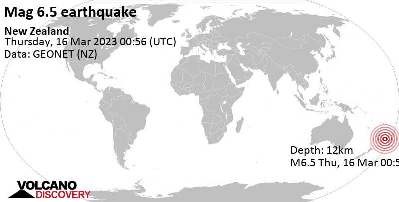 Землетрясение маг. 6.5: South Pacific Ocean, Новая Зеландия, Среда, 15 мар 2023 12:56 (GMT -12)