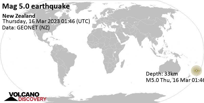 5.0 quake South Pacific Ocean, New Zealand, Mar 15, 2023 1:46 pm (GMT -12)