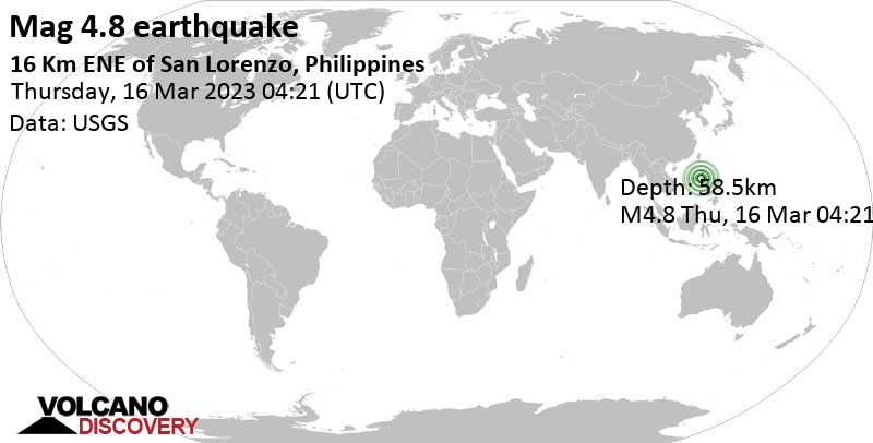Sismo M 4.8: 17 km a est da Masinloc, Province of Zambales, Luzon Centrale, Filippine, giovedì, 16 mar 2023 12:21 (GMT +8)