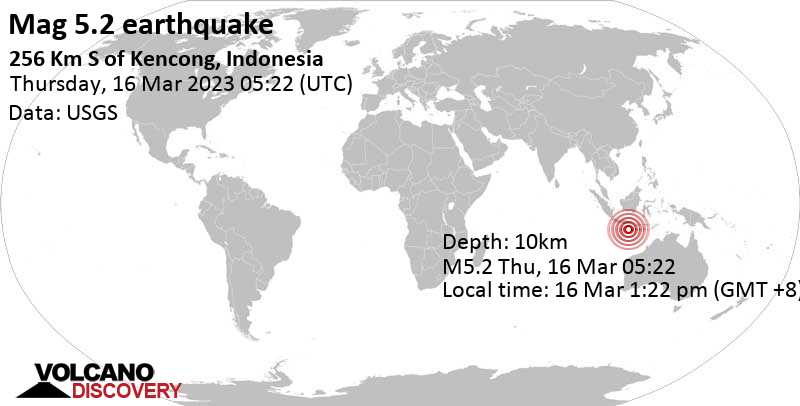 Землетрясение маг. 5.2: Индийский Океан, 273 km к югу от Jember, Индонезия, Четверг, 16 мар 2023 13:22 (GMT +8)