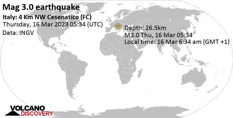 Землетрясение маг. 3.0: 13 km к северо-востоку от Cesena, Италия, Четверг, 16 мар 2023 06:34 (GMT +1)