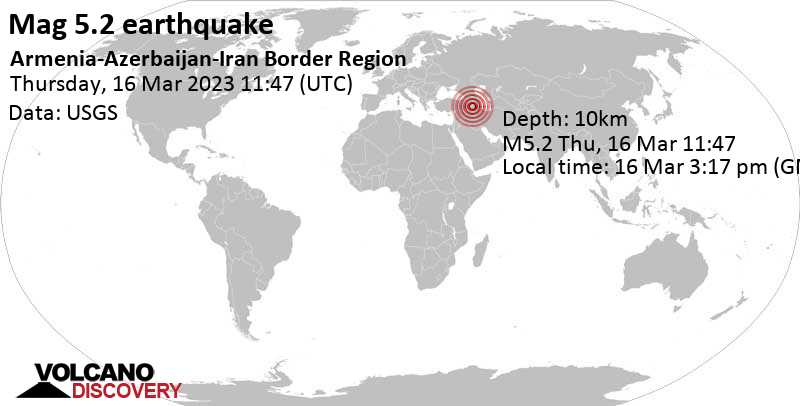 Землетрясение маг. 5.2: 13 km к юго-востоку от Khvoy, West Azerbaijan, Иран, Четверг, 16 мар 2023 15:47 (GMT +4)