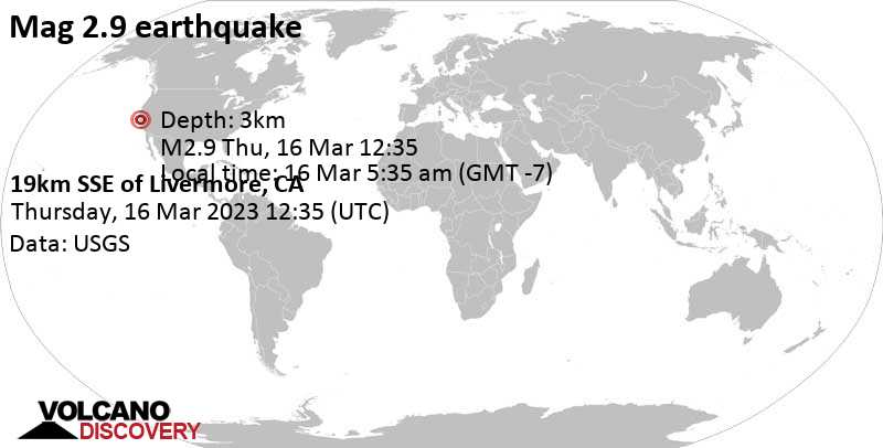 Землетрясение маг. 2.9: 19 km к югу от Ливермор, Аламида County, Калифорния, Соединенные Штаты, Четверг, 16 мар 2023 05:35 (GMT -7)