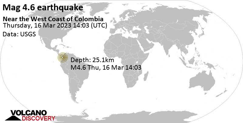 4.6 quake North Pacific Ocean, 50 km northwest of Pizarro, Colombia, Mar 16, 2023 9:03 am (GMT -5)