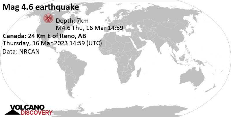 Terremoto moderado mag. 4.6 - 44 km ESE of Peace River, Alberta, Canada, jueves, 16 mar 2023 08:59 (GMT -6)