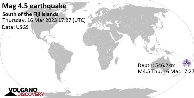 Землетрясение маг. 4.8: South Pacific Ocean, Фиджи, Пятница, 17 мар 2023 06:27 (GMT +13)