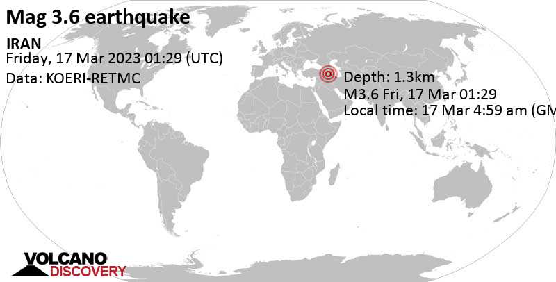3.6 quake 18 km southeast of Khvoy, West Azerbaijan, Iran, Mar 17, 2023 4:59 am (GMT +3:30)