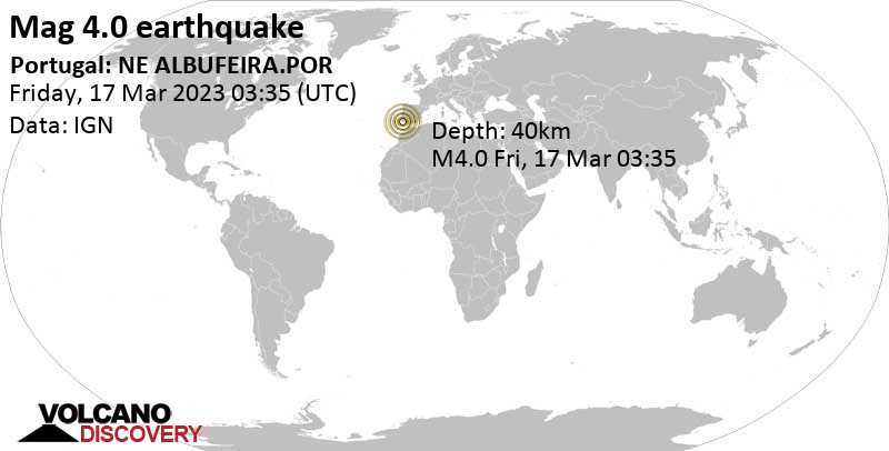 4.0 quake 1.2 km northeast of Albufeira, Faro, Portugal, Mar 17, 2023 3:35 am (GMT +0)