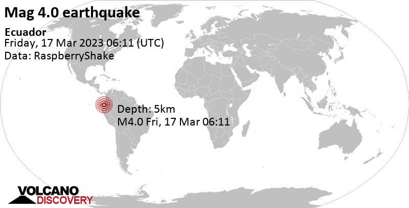 Moderate mag. 4.0 earthquake - 30 km south of Quito, Provincia de Pichincha, Ecuador, on Friday, Mar 17, 2023 at 1:11 am (GMT -5)