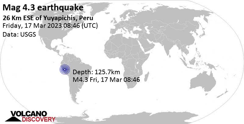 Light mag. 4.3 earthquake - Pasco, 144 km east of Tingo Maria, Huanuco, Peru, on Friday, Mar 17, 2023 at 3:46 am (GMT -5)