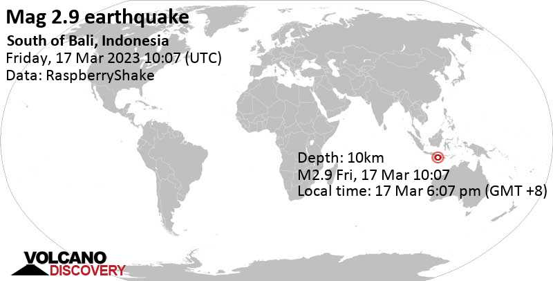 2.9 quake Indian Ocean, 97 km south of Kuta, Kabupaten Badung, Bali, Indonesia, Mar 17, 2023 6:07 pm (GMT +8)