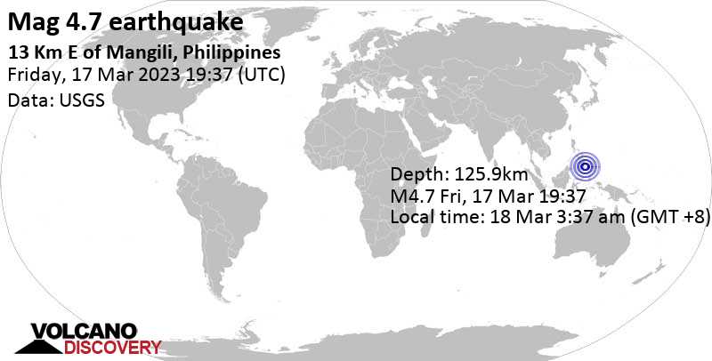 4.7 quake Philippine Sea, 71 km east of General Santos City, Philippines, Mar 18, 2023 3:37 am (GMT +8)