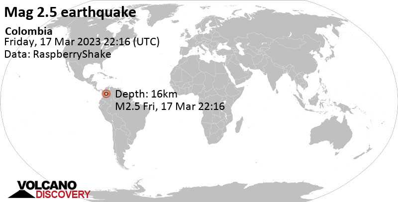 2.5 quake 49 km west of Chiquinquira, Boyaca, Colombia, Mar 17, 2023 5:16 pm (GMT -5)
