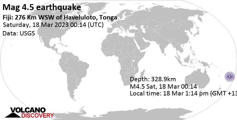 Light mag. 4.5 earthquake - South Pacific Ocean, Fiji, 278 km southwest of Nukalofa, Nuku\'alofa, Tongatapu, on Saturday, Mar 18, 2023 at 1:14 pm (GMT +13)