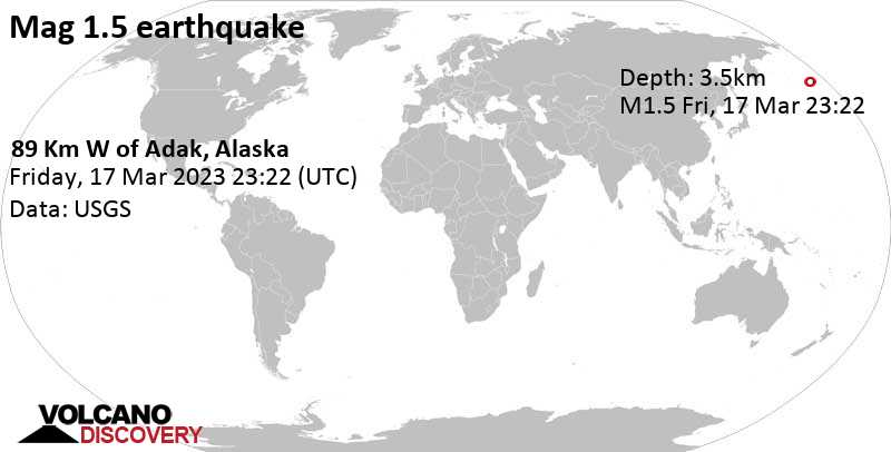 Minor mag. 1.5 earthquake - 89 Km W of Adak, Alaska, on Friday, Mar 17, 2023 at 2:22 pm (GMT -9)