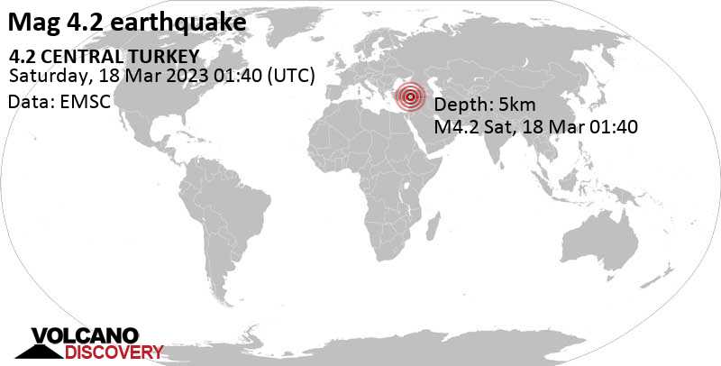 Moderate mag. 4.2 earthquake - 34 km northwest of Kahramanmaraş, Turkey, on Saturday, Mar 18, 2023 at 4:40 am (GMT +3)