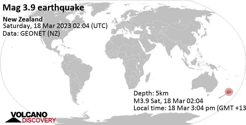 Stärke 3.9 - 39 km östlich von Rotorua, Bay of Plenty, Neuseeland, am Samstag, 18. Mär 2023 um 15:04 Lokalzeit