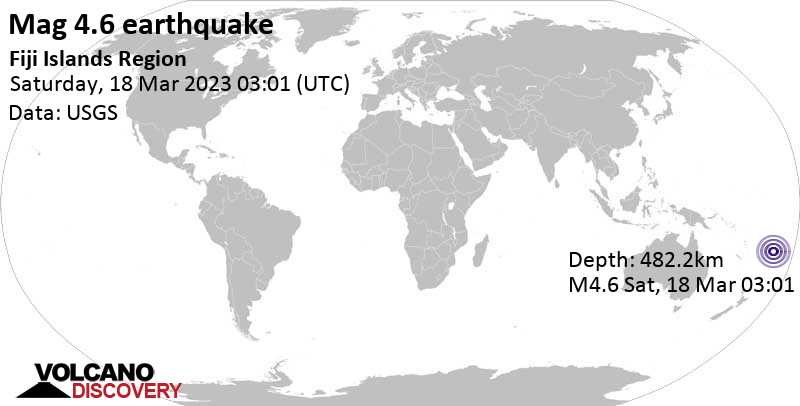 Ελαφρύς σεισμός μεγέθους 4.6 - South Pacific Ocean, Φίτζι, Σάββατο, 18 Μαρ 2023 15:01 (GMT +12)