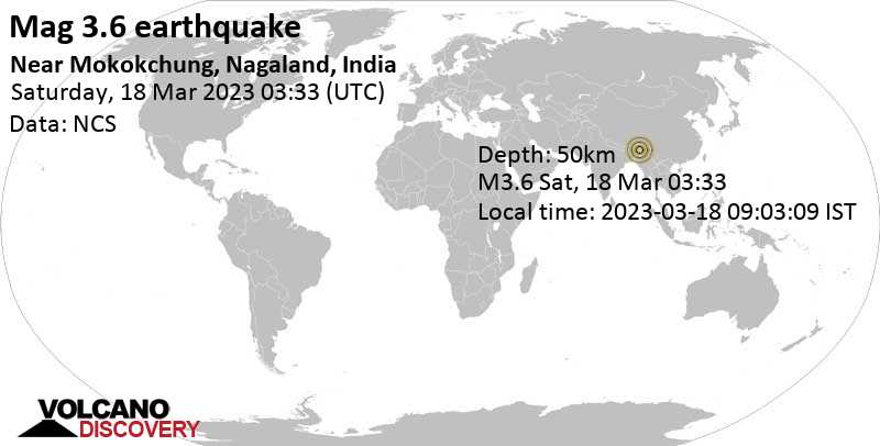 Séisme M 3.6: 24 km au sud de Sibsagar, District de Jorhat, Assam, Inde, samedi, 18 mars 2023 09:03 (GMT +5:30)