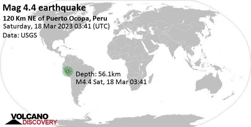 Light mag. 4.4 earthquake - 229 km southeast of Pucallpa, Provincia de Coronel Portillo, Ucayali, Peru, on Friday, Mar 17, 2023 at 10:41 pm (GMT -5)