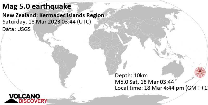 Séisme M 5.0: South Pacific Ocean, Nouvelle-Zélande, samedi, 18 mars 2023 16:44 (GMT +13)