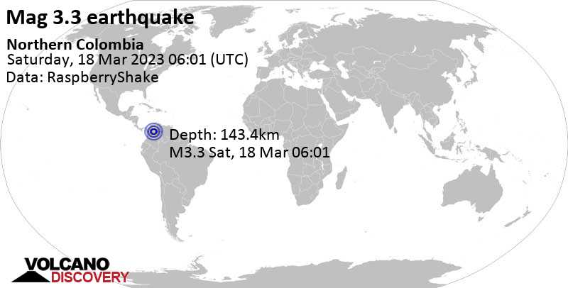 Séisme M 3.3: 4.7 km au sud-ouest de Bucaramanga, Santander, Colombie, samedi, 18 mars 2023 01:01 (GMT -5)