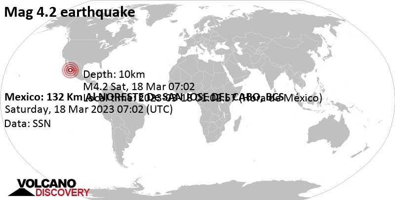 Moderate mag. 4.2 earthquake - 132 km northeast of San José del Cabo, Los Cabos, Baja California Sur, Mexico, on Saturday, Mar 18, 2023 at 12:02 am (GMT -7)
