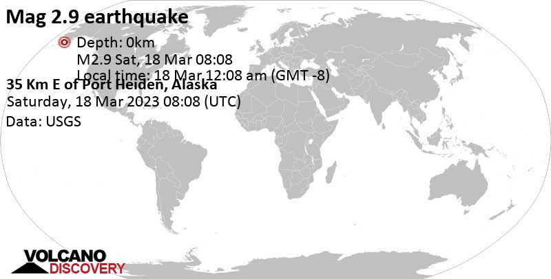 Light mag. 2.9 earthquake - 22 mi east of Port Heiden, Lake and Peninsula, Alaska, USA, on Saturday, Mar 18, 2023 at 12:08 am (GMT -8)