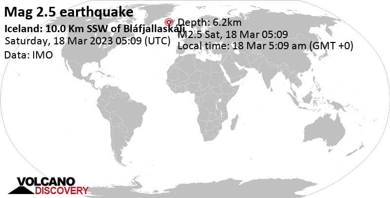Weak mag. 2.5 earthquake - Iceland: 10.0 Km SSW of Bláfjallaskáli on Saturday, Mar 18, 2023 at 5:09 am (GMT +0)