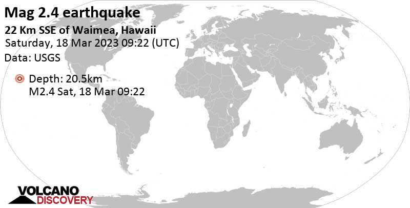 Minor mag. 2.4 earthquake - 14 mi southeast of Waimea, Hawaii County, USA, on Friday, Mar 17, 2023 at 11:22 pm (GMT -10)