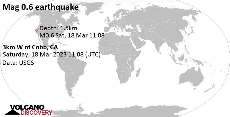 Minor mag. 1.7 earthquake - 3km W of Cobb, CA, on Saturday, Mar 18, 2023 at 4:08 am (GMT -7)