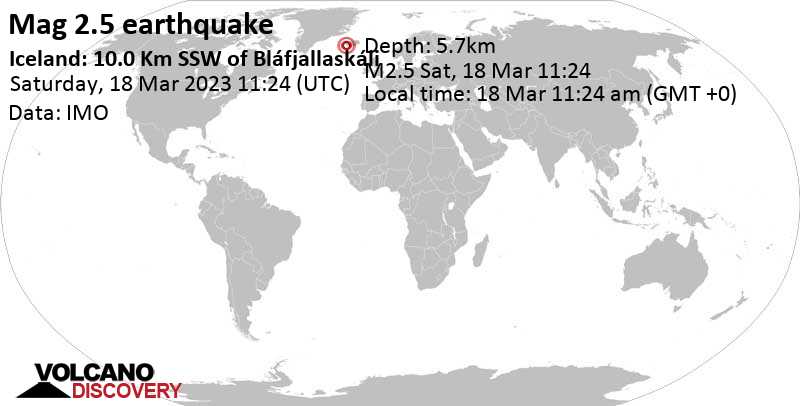 Weak mag. 2.5 earthquake - Iceland: 10.0 Km SSW of Bláfjallaskáli on Saturday, Mar 18, 2023 at 11:24 am (GMT +0)