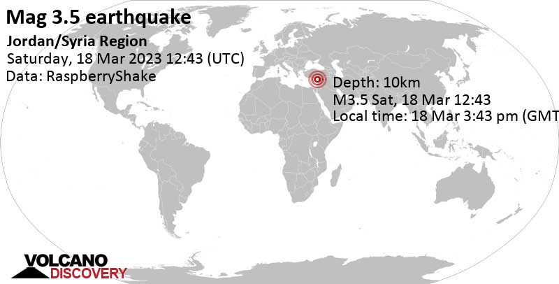 3.5 quake 13 km southeast of Latakia, Syria, Mar 18, 2023 3:43 pm (GMT +3)
